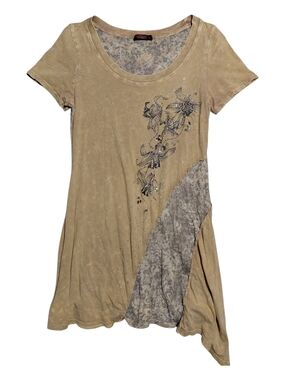 Tan Acid Wash Floral Rhinestone Top | Y2K Fairy Grunge | Size M